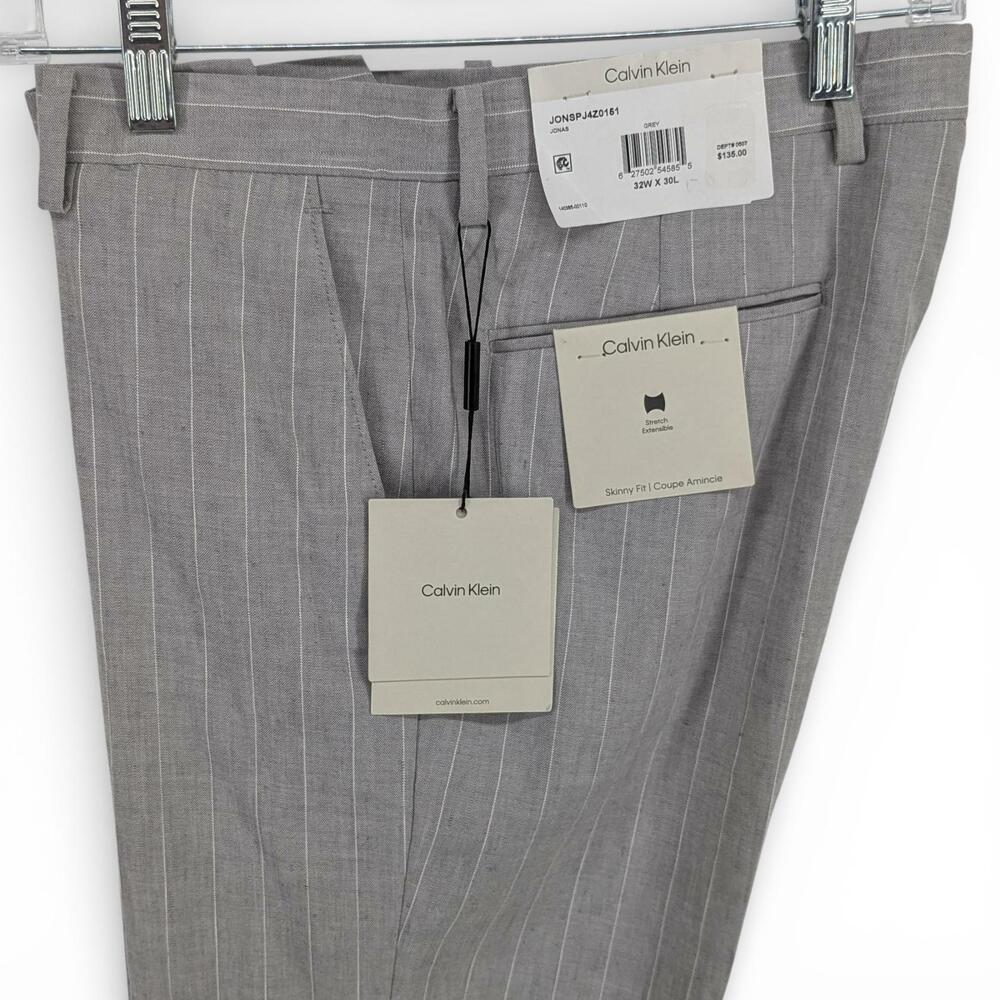 Calvin Klein Men's Slim Fit Linen Stretch Suit Dress Pants Gray Stripe 32 x 30